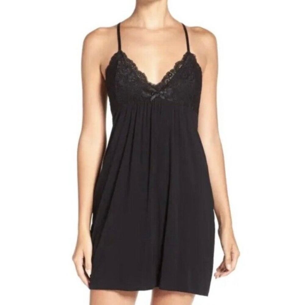 PJ Salvage Black Chemise Lace Trim Short Modal Pajama Nightgown Dress Size L